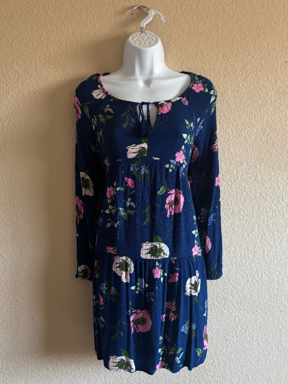Old Navy Blue & Pink Floral Pattern Tie Neck Long-sleeve Midi Dress